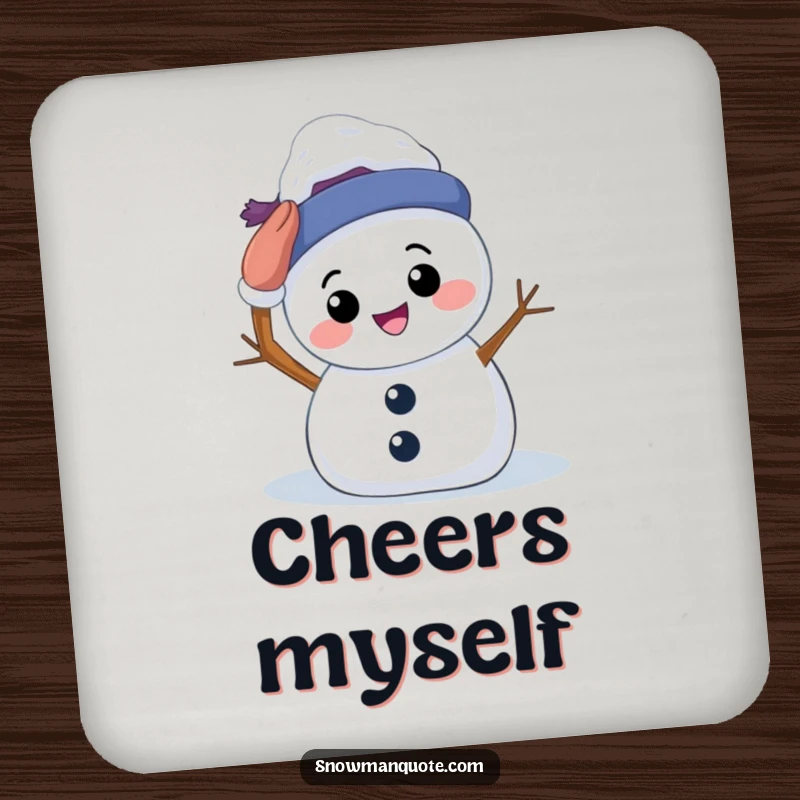 Funny Drink Coaster: A smiling snowman attempting to pat its own head, offering protection and a dose of heartwarming self-acceptance.