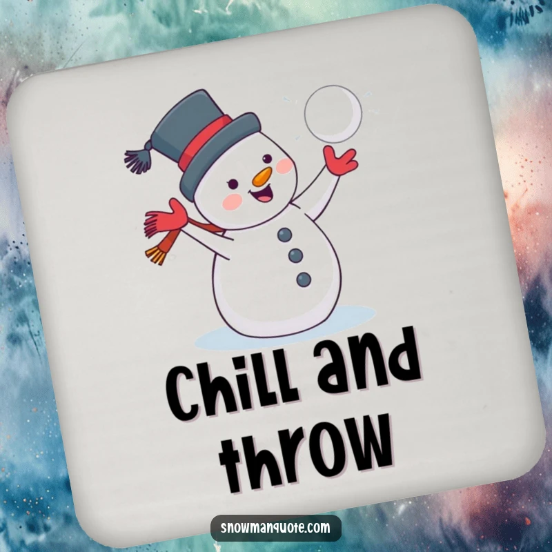 Funny snowman with a grin throwing a snowball, on a protective drink coaster, bringing winter cheer to your table.