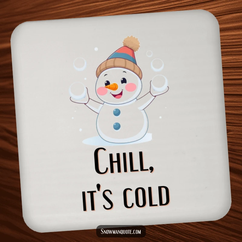 Funny snowman juggling coaster, smiling with a carrot nose, perfect for protecting tables with humor, great gift.