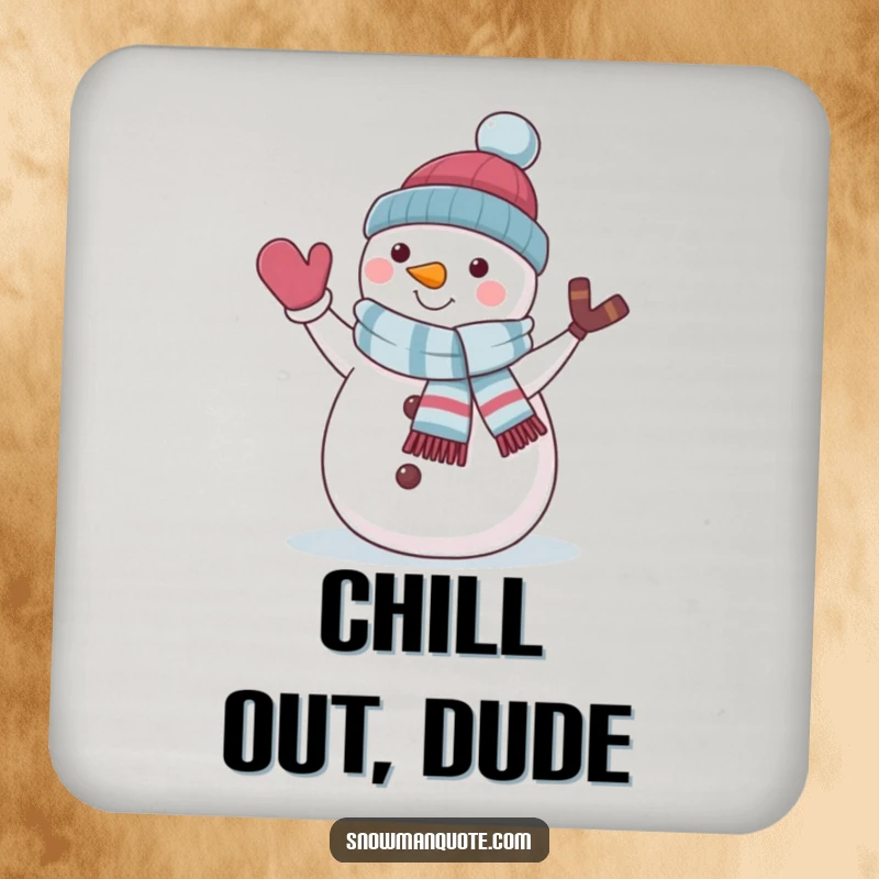 Funny snowman wearing a jaunty scarf and waving, designed on a drink coaster to protect furniture.