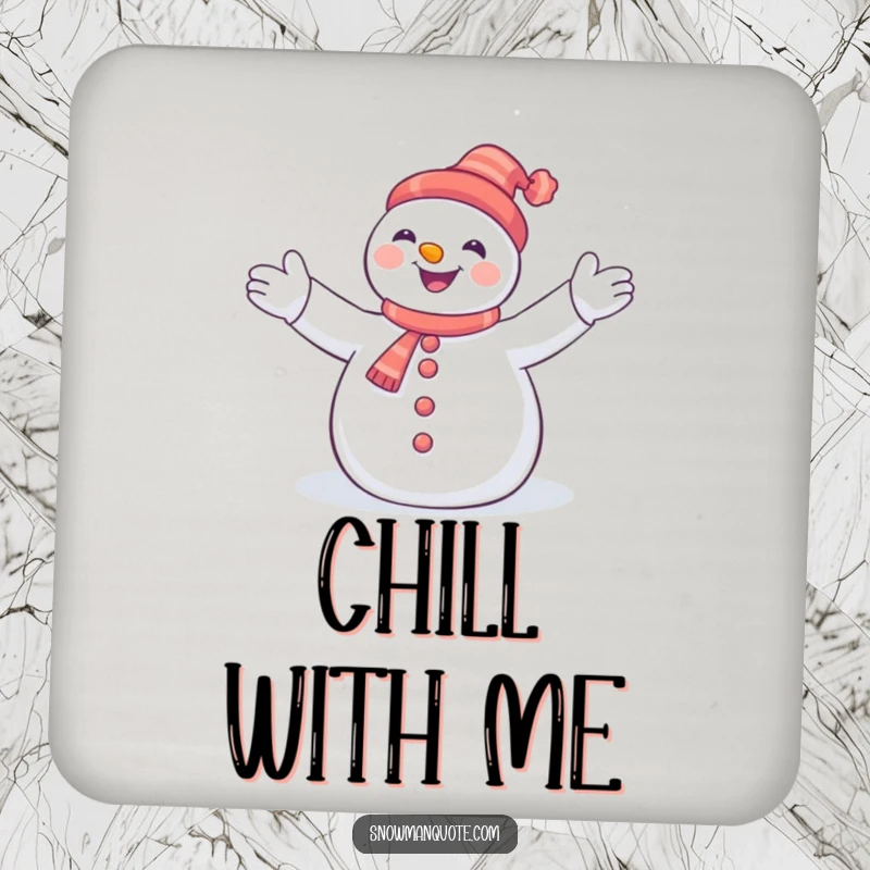 Funny snowman with arms joyfully holding falling snowflakes, on a decorative and humorous drink coaster.