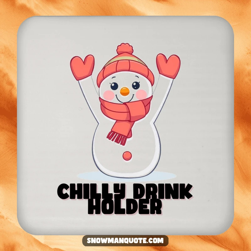 Funny drink coaster with a cheerful snowman holding a colorful scarf, protecting surfaces with winter joy.