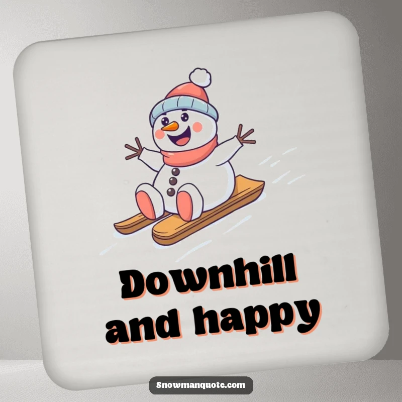 Funny snowman sledding coaster, happily sliding down a snowy hill, perfect for protecting tables with humor, gift.
