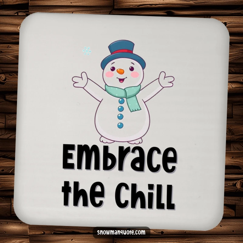 Funny snowman with outstretched arms embracing a falling snowflake, on a protective drink coaster, bringing winter tranquility.