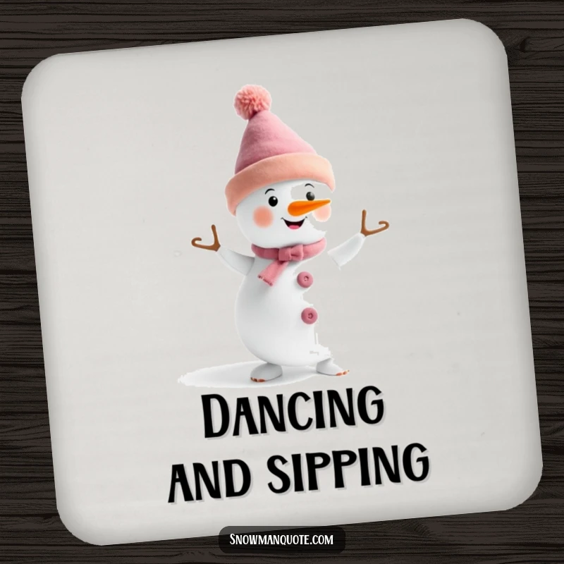 Funny snowman wearing a funny hat, doing a little dance, on a protective drink coaster, bringing festive cheer.