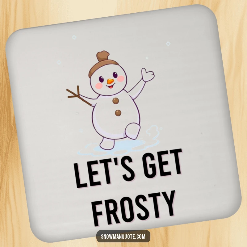 Funny dancing snowman drink coaster, twig arms waving, kicking up a snow swirl, protecting surfaces with wintery joy.
