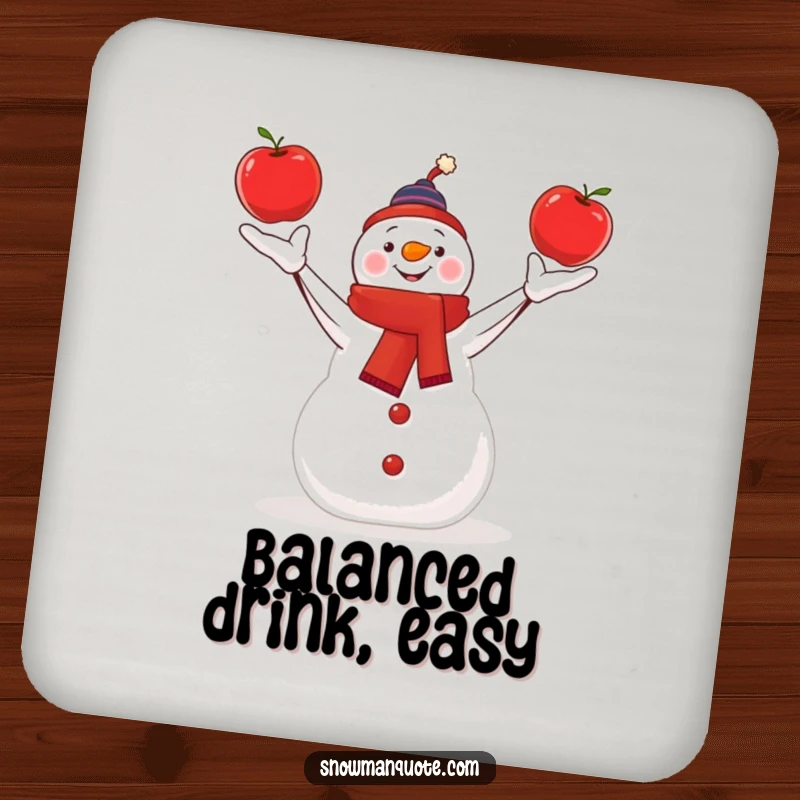 Funny snowman skillfully juggling three bright red apples, designed on a drink coaster.