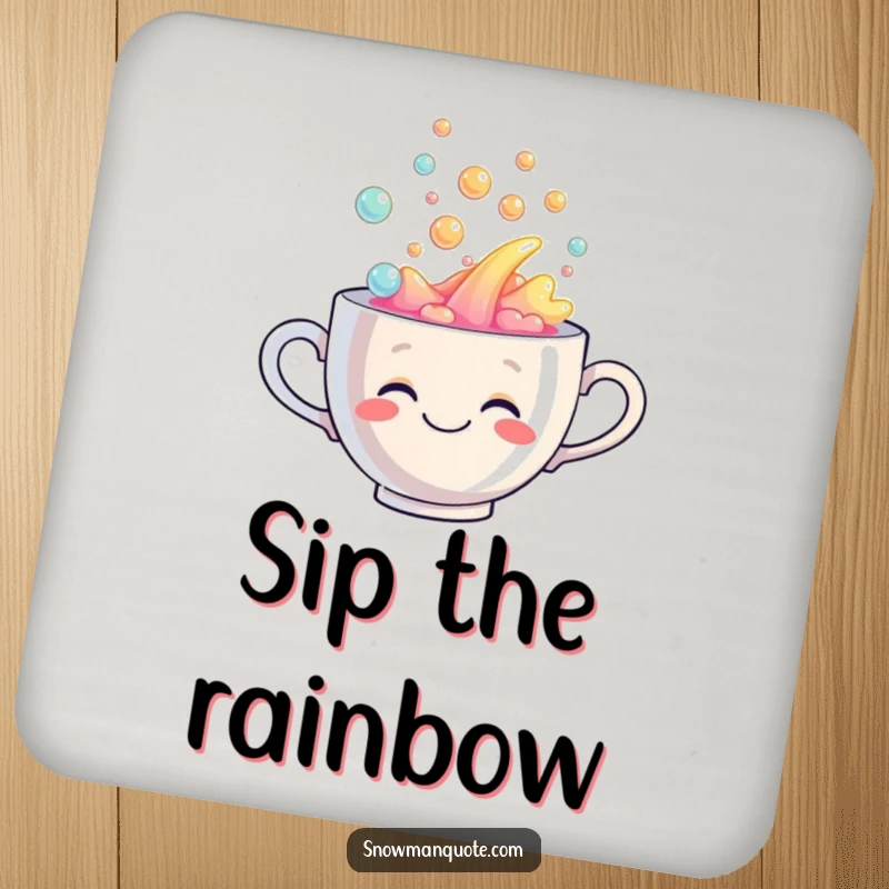 Funny coaster featuring a smiling teacup overflowing with colorful, bubbly rainbow liquid, protecting surfaces with humor.
