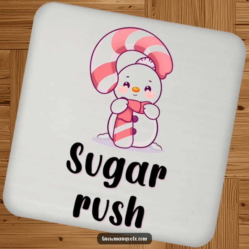 Funny Shy Snowman Candy Cane Coaster showing a timid snowman peeking from behind a large, sparkling candy cane.