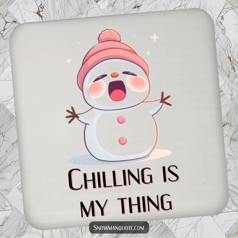 Funny sleepy snowman drink coaster dusted with twinkling stardust, yawning, protecting surfaces with adorable wintery humor.