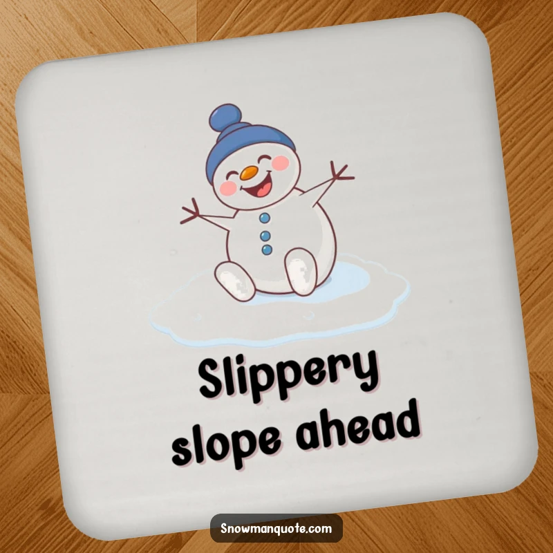 Funny drink coaster with a snowman comically slipping on ice, protecting surfaces with humor.