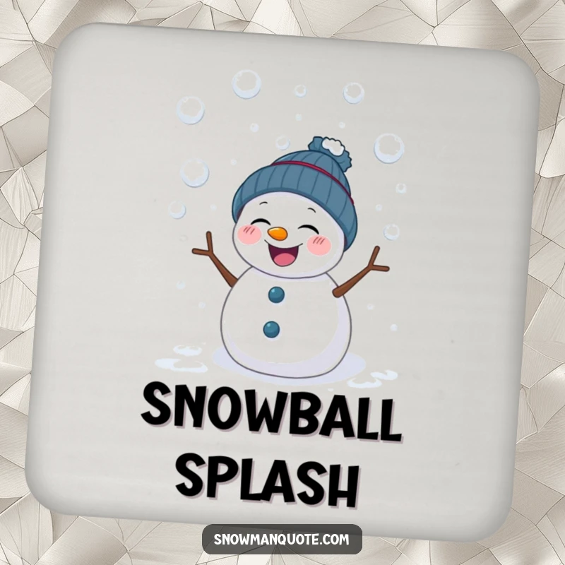 Funny drink coaster showcasing a giggling snowman being showered by snowballs. Protects surfaces while adding a humorous, playful winter vibe.