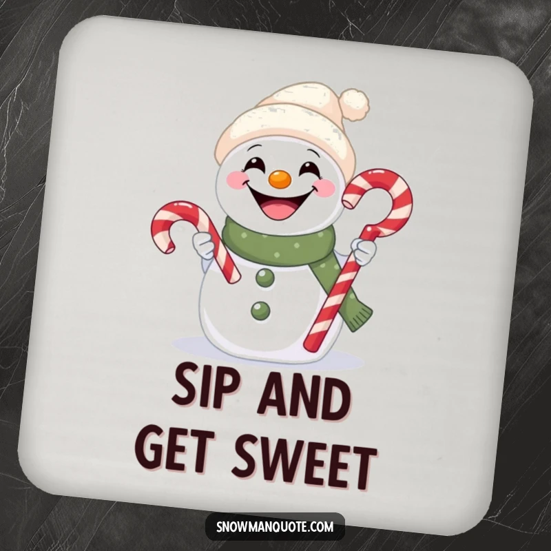 Funny drink coaster with a happy snowman holding out a candy cane, ready to share a sweet treat.