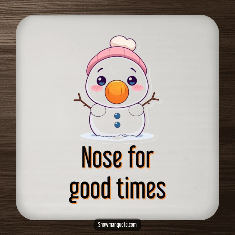 Funny drink coaster with a shy snowman peeking from behind a giant carrot nose, protecting surfaces with winter charm.