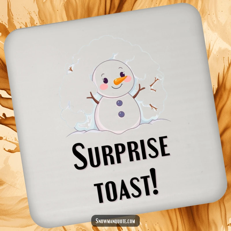 Funny snowman joyfully peeking from behind a snowy bush, designed on a drink coaster.