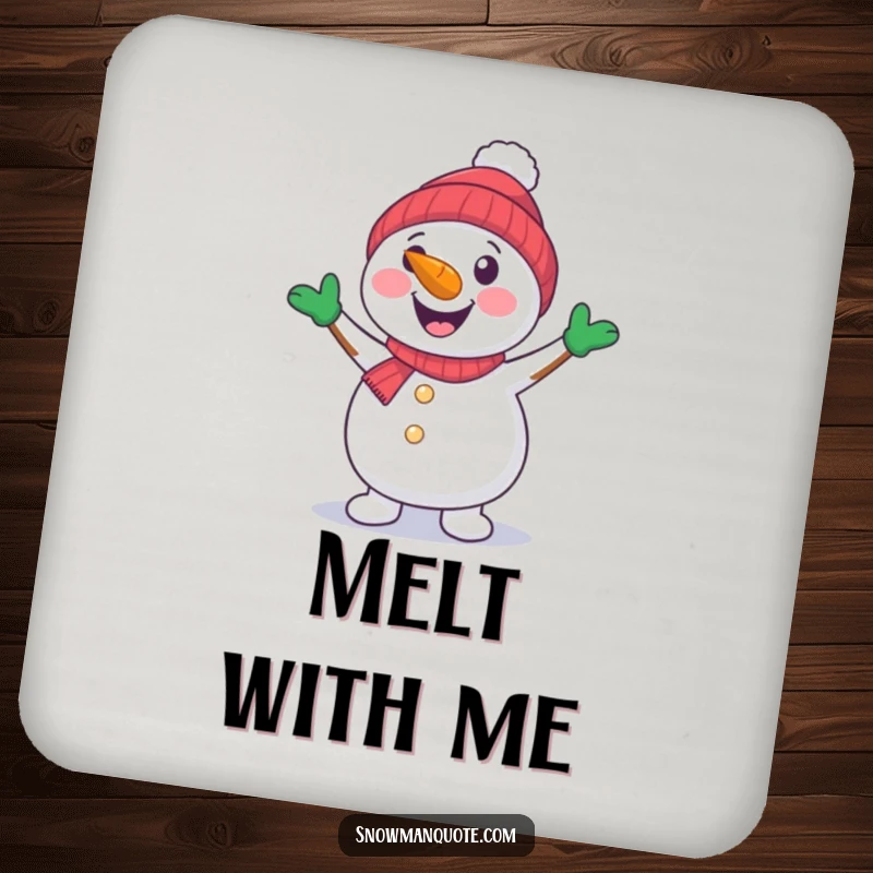 A cheerful snowman with a carrot nose dancing with its arms. A protective coaster.