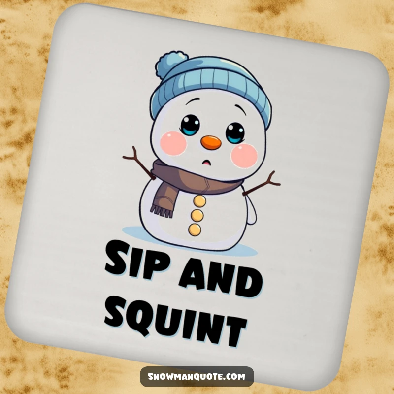 Funny Drink Coaster: A surprised snowman peeking out from under its hat, offering protection and a dose of winter humor.