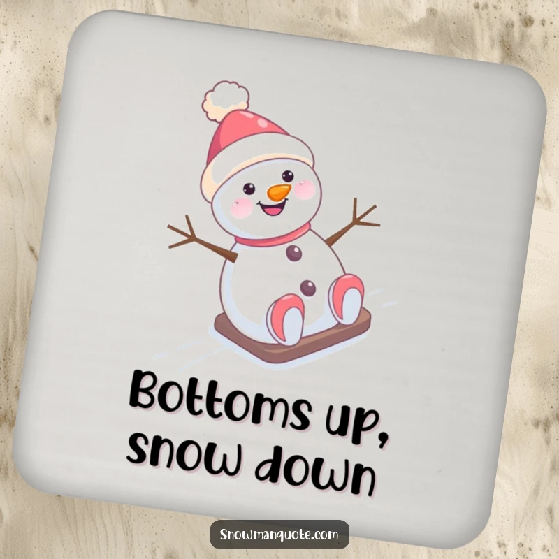 Funny Coaster: A cheerful snowman with a crooked hat slides down a snowy hill, adding a humorous touch to drink service.
