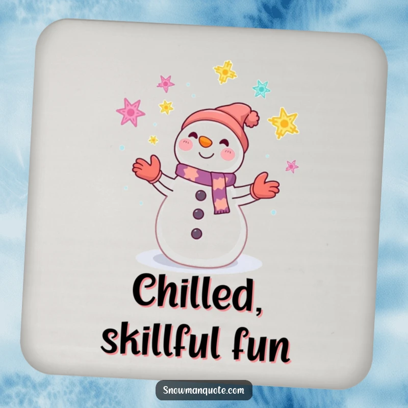 Funny drink coaster with a smiling snowman juggling colorful snowflakes, protecting surfaces with winter magic.