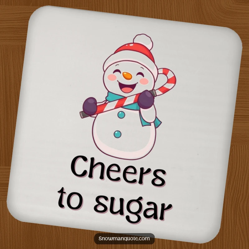 Funny snowman coaster set featuring a snowman singing into a candy cane microphone, protecting surfaces with humor.