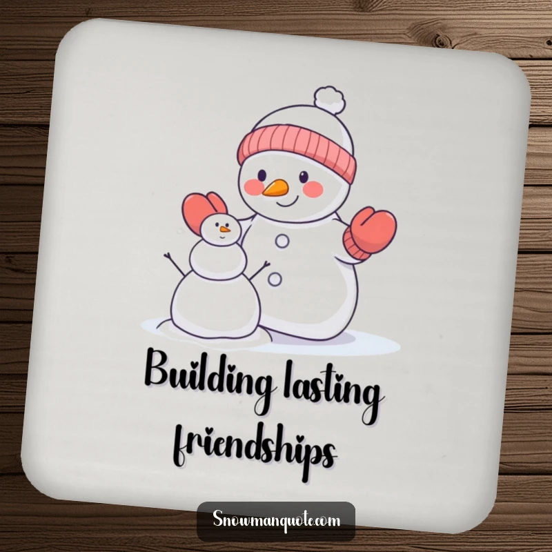Funny snowman coasters featuring a snowman in mittens attempting to build a smaller snowman, protecting surfaces with humor and charm.