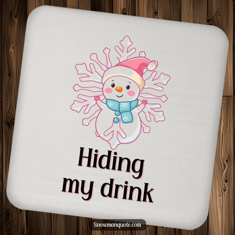 Funny snowman peeking coaster, shyly observing from behind a giant snowflake, perfect for protecting tables with humor, gift.