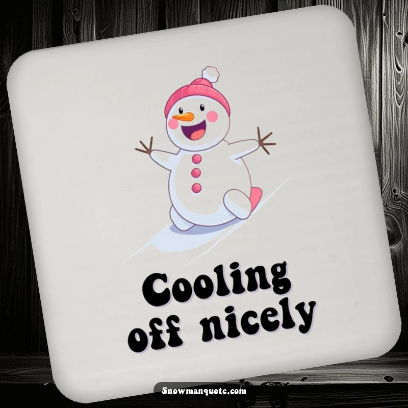 Funny cheerful snowman rolling energetically down a snowy hill, a protective and amusing drink coaster.