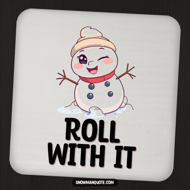 Funny Drink Coaster: A winking snowman rolling downhill with a mischievous glint, offering protection and a dose of winter fun.