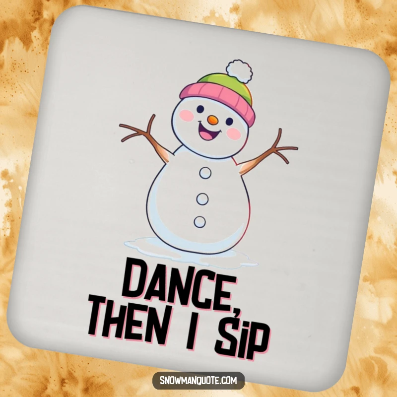 Funny drink coaster with a snowman doing a lively shimmy dance with its twig arms.