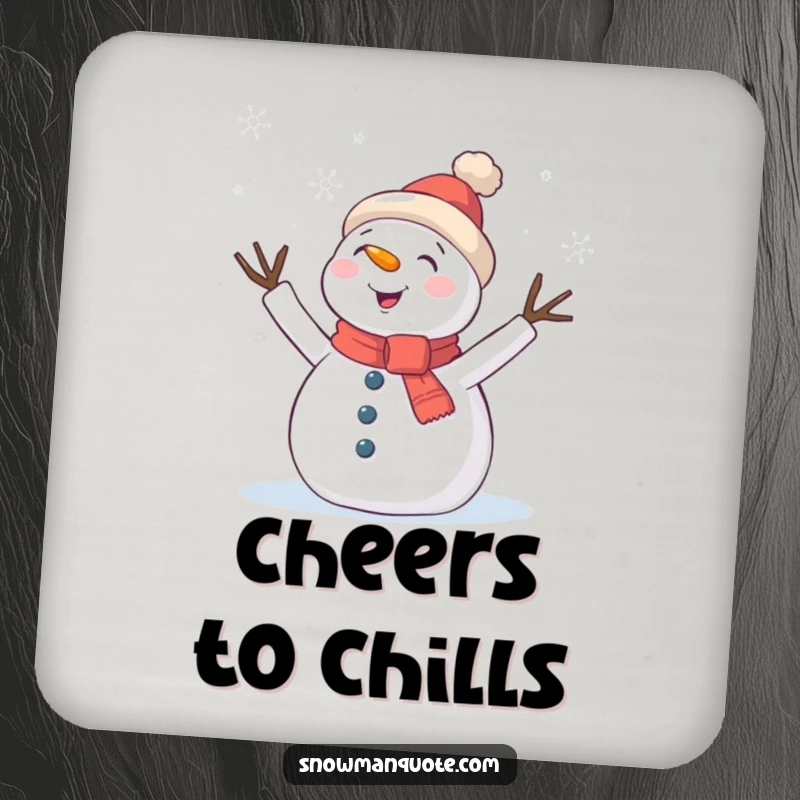 Funny Coaster: A snowman with twig arms waving happily at falling snowflakes, bringing a touch of winter charm.