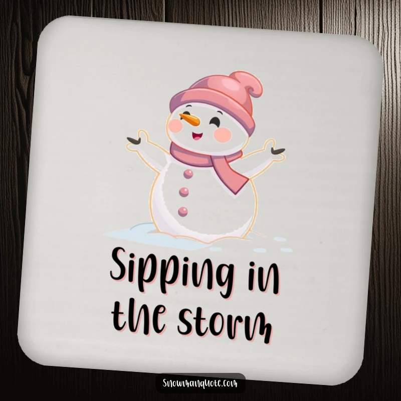 Funny snowman coasters featuring a snowman caught in a gentle wind gust with arms aflutter, protecting surfaces with humor and charm.