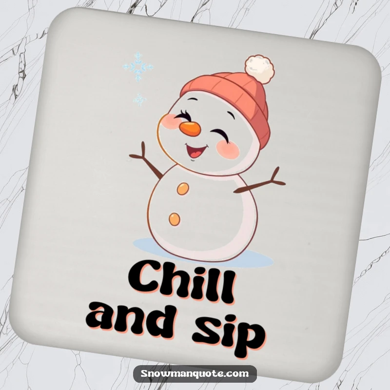 Funny Snowman Coasters: A cheerful snowman with carrot nose winks playfully at a falling snowflake, adding humor to drink protection.