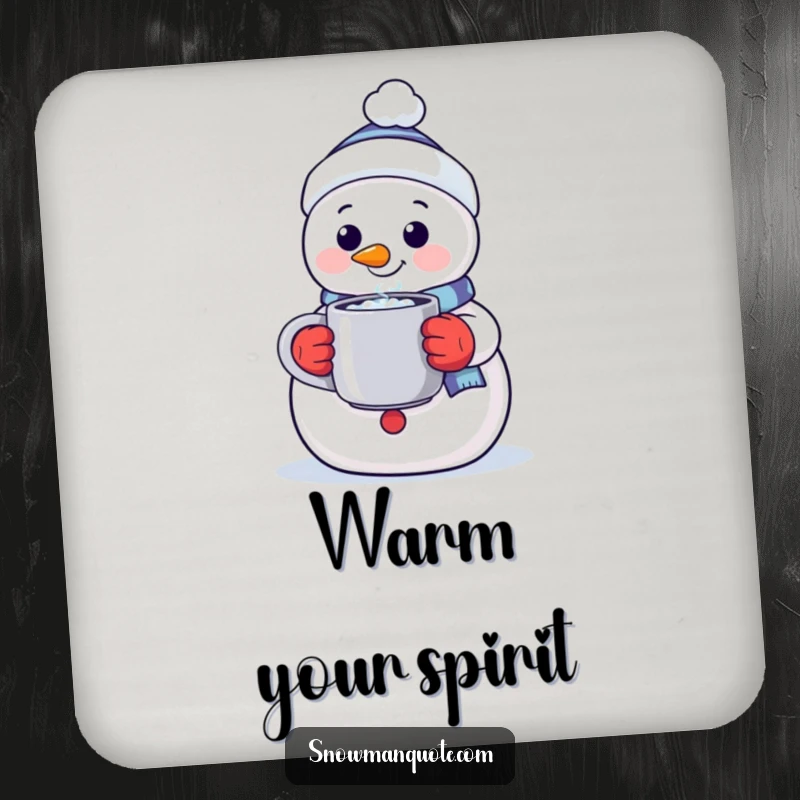 Funny drink coaster featuring a smiling snowman offering a steaming mug, symbolizing warmth and hospitality while protecting surfaces.
