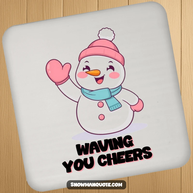 Funny drink coaster with a cheerful snowman waving hello with its mitten, protecting surfaces with warmth.