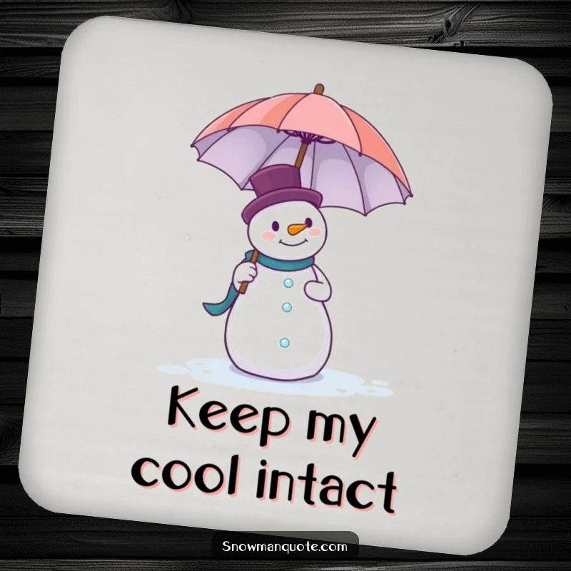 Funny drink coaster showing a snowman comically battling a large umbrella against the wind.