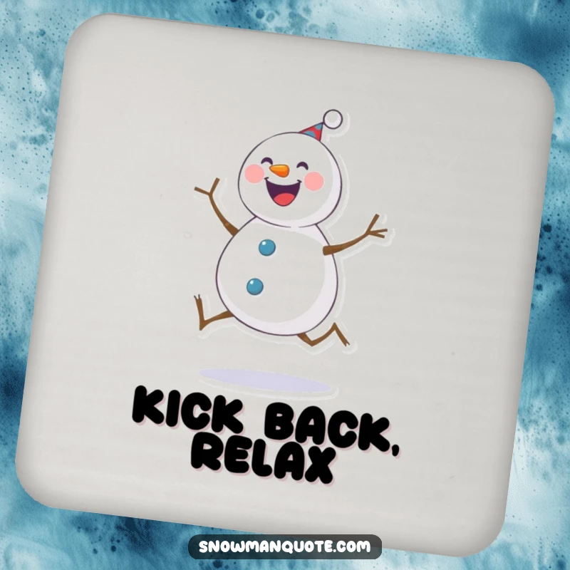 Funny Drink Coaster: Cheerful snowman in a lively kick pose, safeguarding your furniture with winter fun. A charming accessory.
