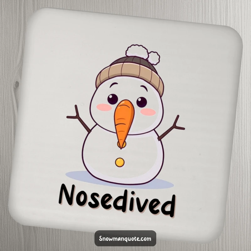 Funny drink coaster showcasing a surprised snowman whose carrot nose has fallen off. Protects surfaces while adding a humorous winter vibe.