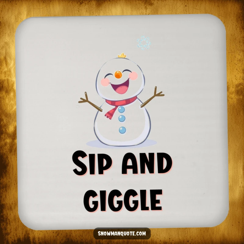 Funny snowman giggling while being tickled by a snowflake, designed on a drink coaster.