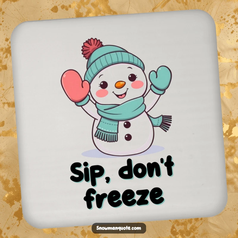 Funny snowman waving coaster, wearing a scarf, cheerfully extending a mitten, perfect for protecting tables with humor, gift.