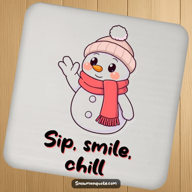 Funny Coaster: A snowman with a scarf gives a friendly wave, its button eye radiating warmth and good cheer.