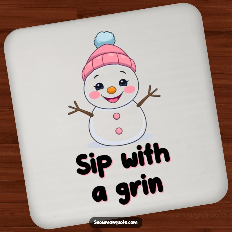 Funny drink coaster with a grinning snowman wearing a lopsided hat, protecting surfaces with cheer.