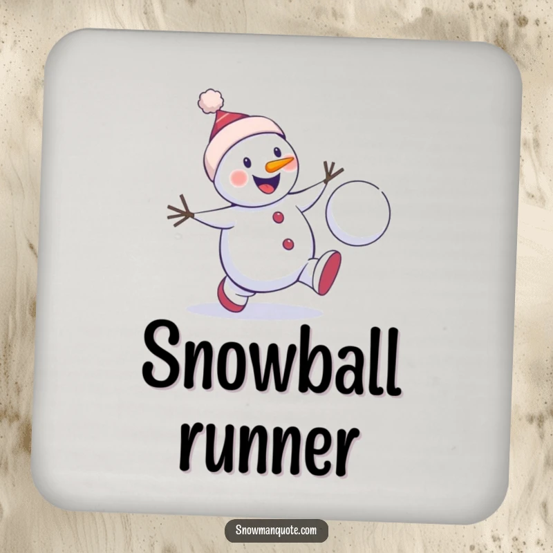 Funny snowman chase coaster featuring a winter character enthusiastically chasing a bouncing snowball, offering protection with a humorous winter play design.