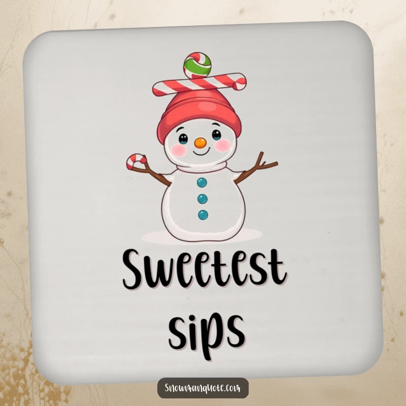 Funny drink coaster showing a snowman balancing three colorful candy canes on its head, adding festive charm while protecting surfaces.