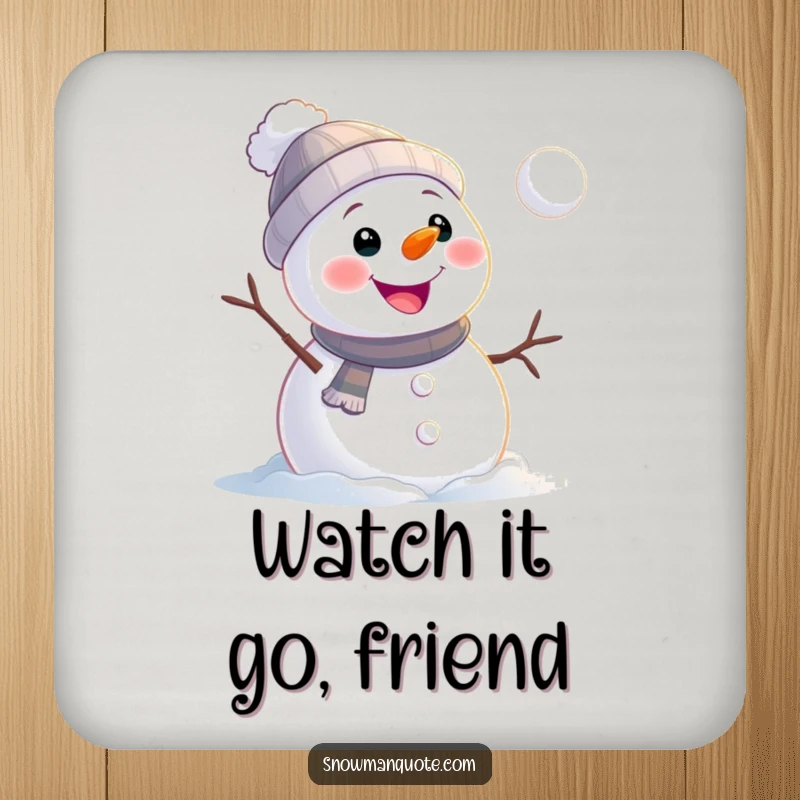Funny snowman coasters featuring a cheerful snowman watching a snowball roll away, protecting surfaces with humor and charm.