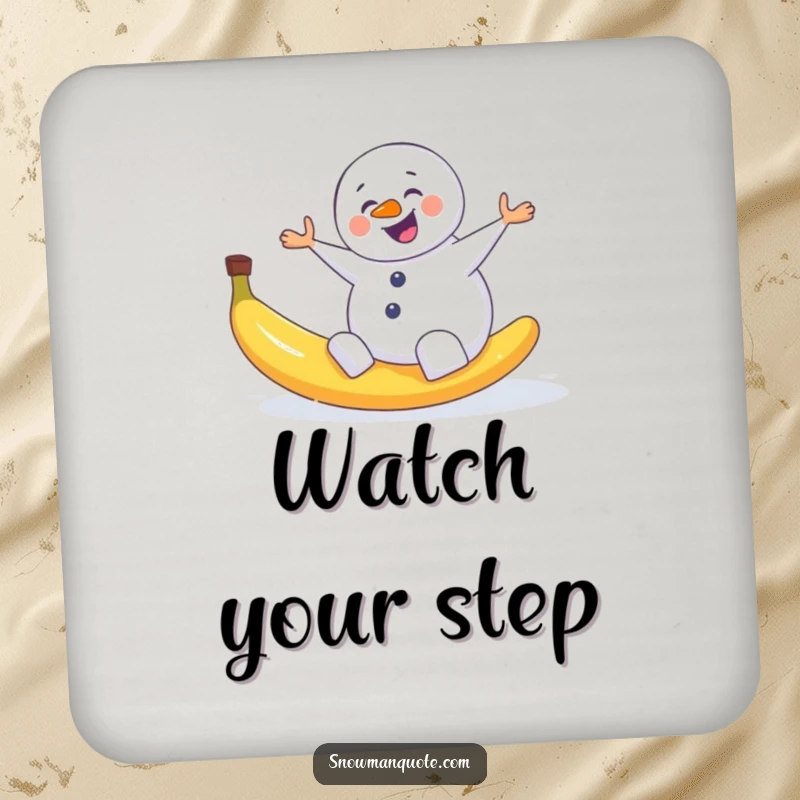 Funny drink coaster with a snowman comically slipping on a banana peel, protecting surfaces with winter slapstick humor.