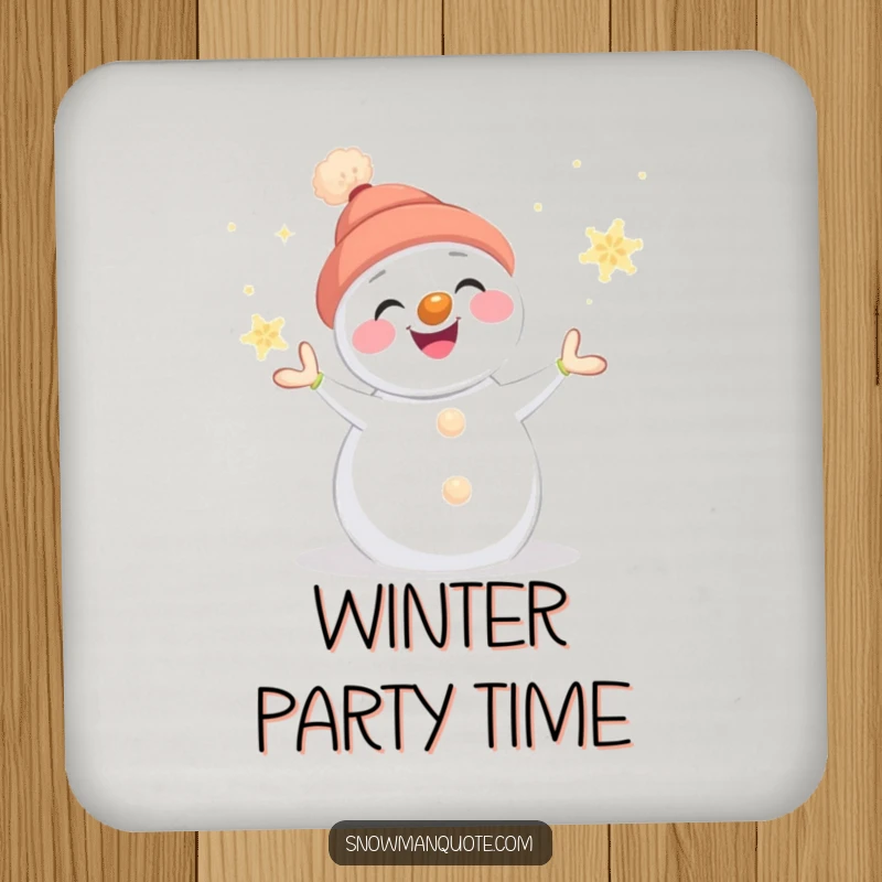 Funny snowman drink coaster set with a smiling snowman juggling glowing snowflakes, its carrot nose adding a whimsical detail.