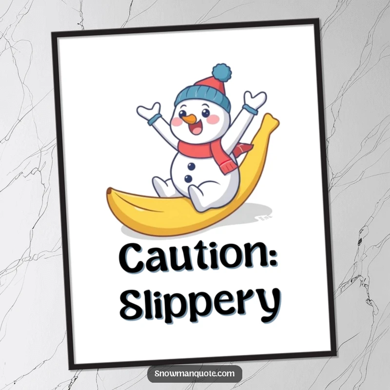 Funny snowman comically slipping on a banana peel, arms flailing, a poster capturing a hilarious winter moment of unexpected comedy.
