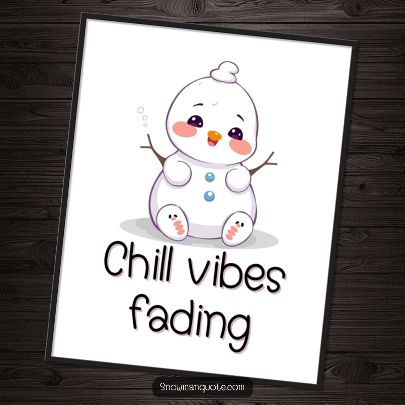 Funny melting snowman poster, sighing happily as it melts slightly, depicting a humorous and peaceful winter scene, perfect for wall art, a great gift.