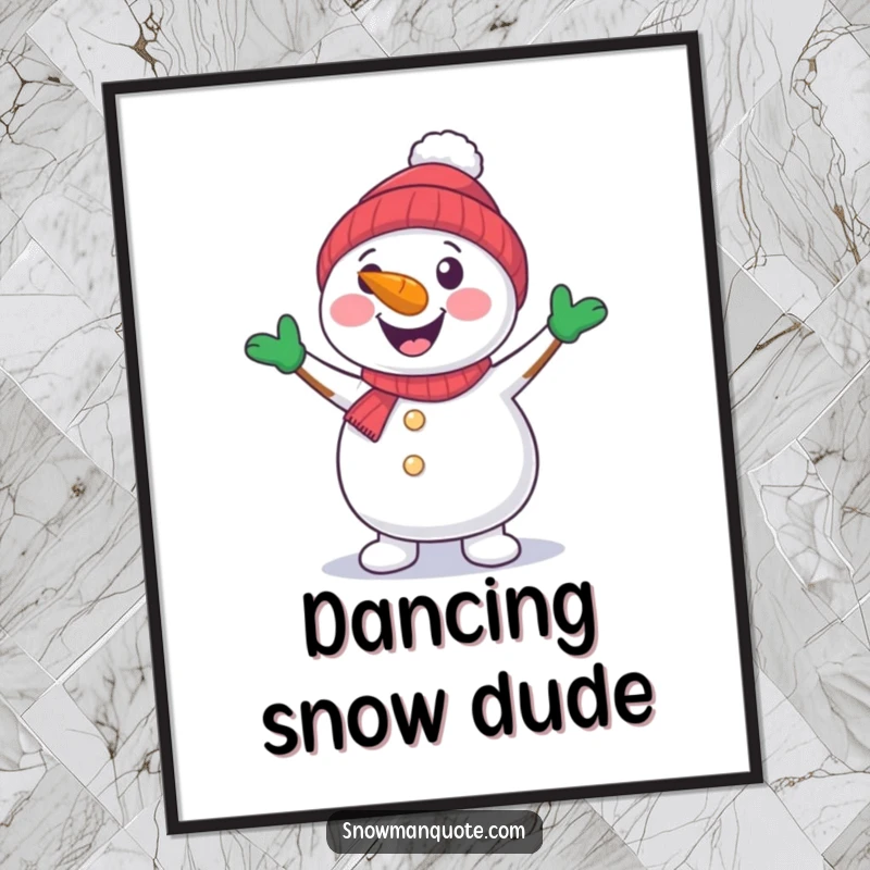 A cheerful snowman with a carrot nose joyfully dancing with its arms. A festive poster.