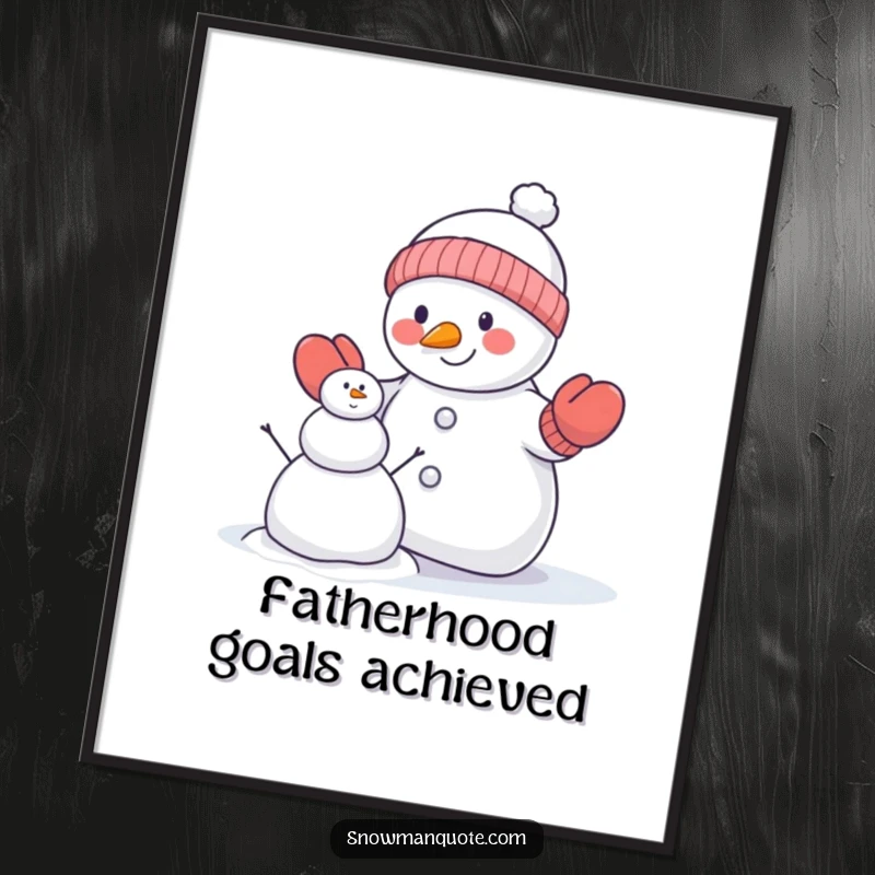 Funny snowman poster of a snowman in mittens attempting to build a smaller snowman, providing humorous wall art for winter lovers.